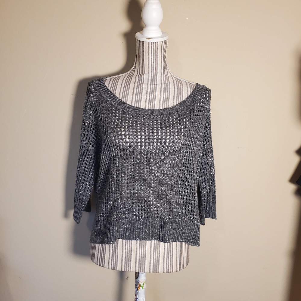 Wet Seal Womens sz M Grey Metallic Open Knit Crochet 3/4 Sleeve Sweater Relaxed